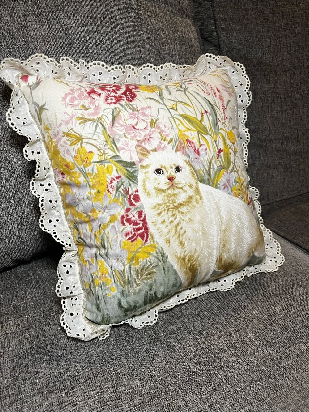 Vintage Floral Cat Pillow Throw Pillow with Eyelet Lace Ruffle Cottagecore Decor